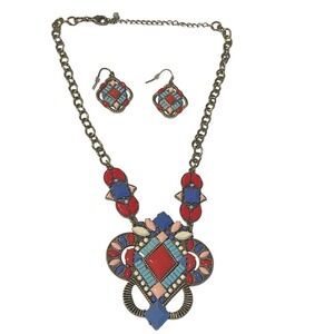 Statement Necklace Earring Set Red‎ Blue Gold Tone Boho Fashion Jewelry